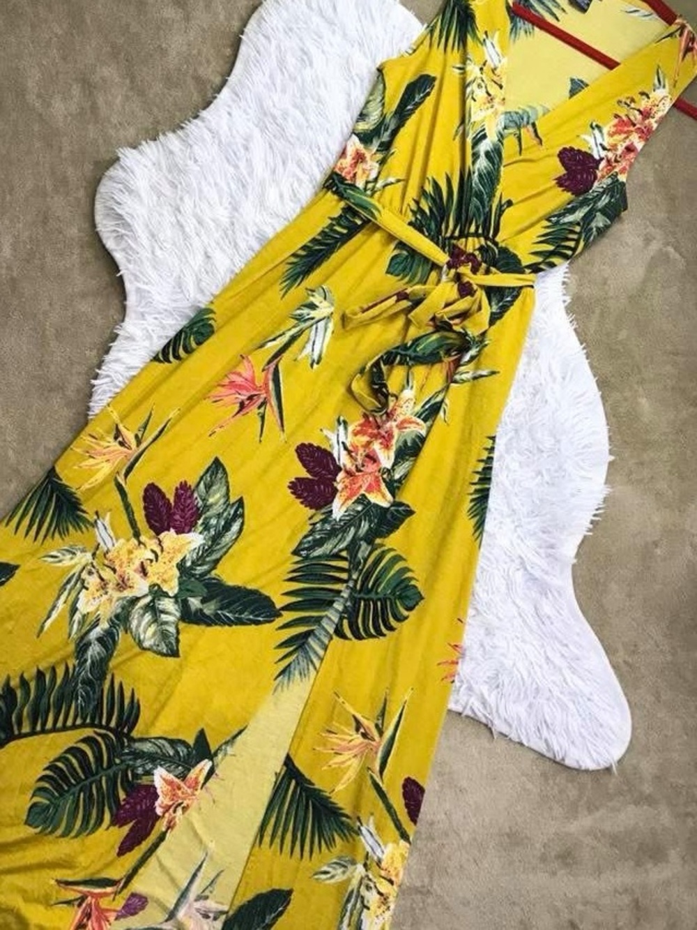 iris Mustard Yellow Tropical Leaf Wrap Dress